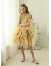 Gold Lace Ruffle Tulle Beaded Flower Girl Dress